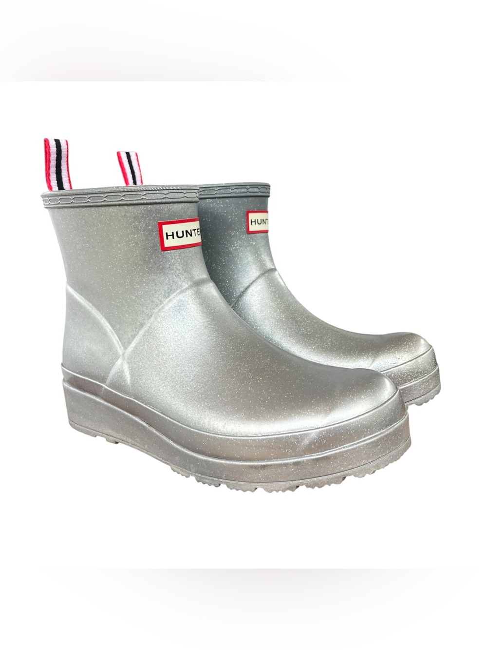 Hunter Women’s Play Short Boot Metallic Silver Size 8US